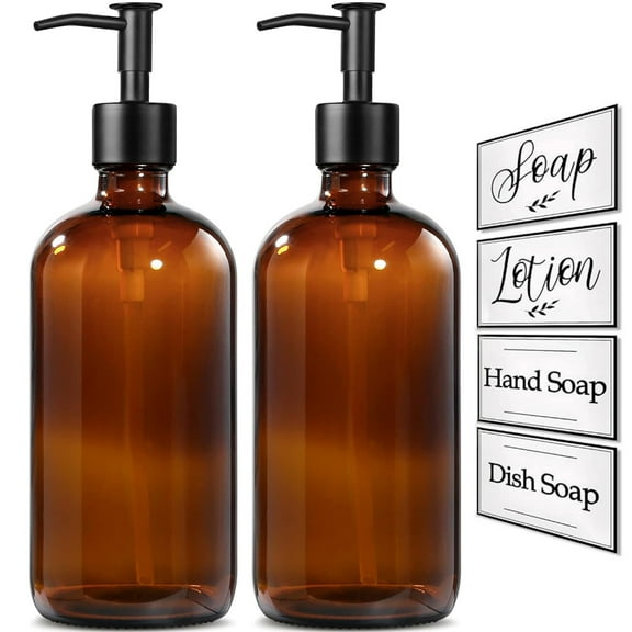 Glass Soap Dispenser, 2 Pack Thick 16 Hand And Dish Soap Dispenser Set With Matte Black Stainless Steel Pump, Vintage Antique Farmhouse Soap Bottle For Kitchen & Bathroom