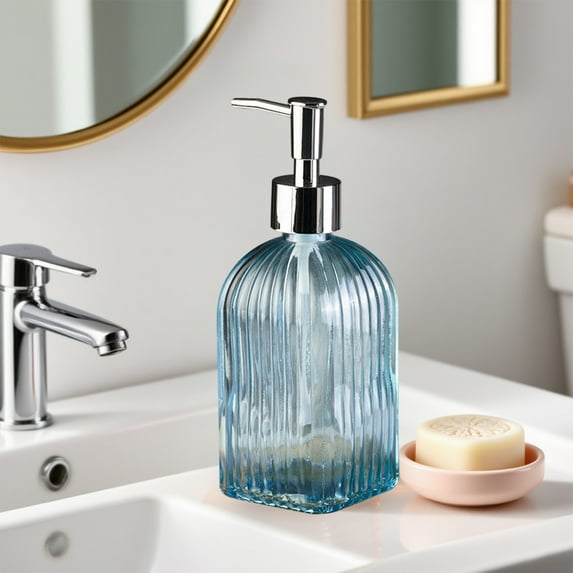 Glass Soap Dispenser 350ml Refillable with Vertical Stripe Design, Durable Pump Dispenser for Hand Soap, Shampoo or Body Wash, Classic Bathroom Kitchen Decor