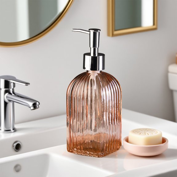 Glass Soap Dispenser 350ml Refillable with Vertical Stripe Design, Durable Pump Dispenser for Hand Soap, Shampoo or Body Wash, Classic Bathroom Kitchen Decor