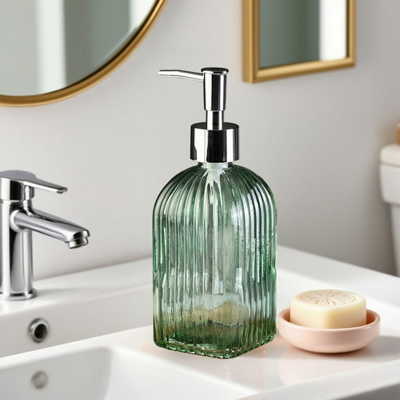 Glass Soap Dispenser 350ml Refillable with Vertical Stripe Design, Durable Pump Dispenser for Hand Soap, Shampoo or Body Wash, Classic Bathroom Kitchen Decor