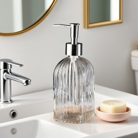 Glass Soap Dispenser 350ml Refillable with Vertical Stripe Design, Durable Pump Dispenser for Hand Soap, Shampoo or Body Wash, Classic Bathroom Kitchen Decor