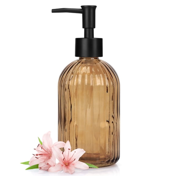 Glass Soap Dispenser,400ml/14oz Refillable Lotion Hand Soap Bottle,Soap Dispenser Bottle for Kitchen Bathroom , Brown
