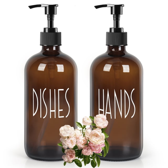 2 Pack Glass Soap Dispenser, Bathroom Hand Soap Dispensers with Stainless Steel Pump, 17 Fl Oz Kitchen Hand and Dish Soap Dispenser Set, Modern Vintage Liquid Brown Soap Dispensers Bottle