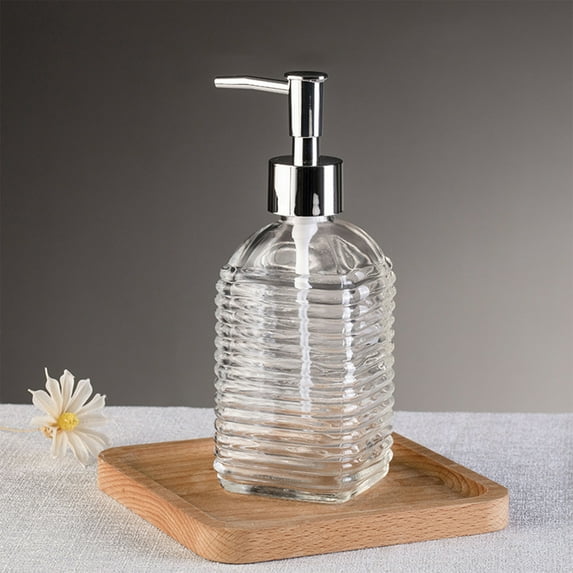 Glass Soap Dispenser Bottle | Horizontal Stripe Pressed Glass Pump Bottle for Hand Soap, Shampoo & Shower Gel | 350ml Refillable Bathroom & Kitchen Container in 7 Colors