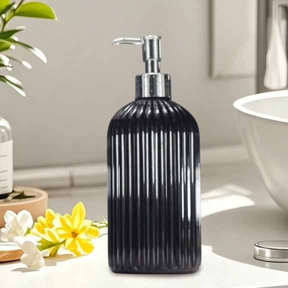 Glass Soap Dispenser Bottle, Vertical Ribbed Refillable Pump Container, for Shampoo Lotion Shower Gel Bathroom and Guest Room Use, Black