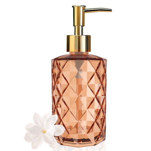 Glass Soap Dispenser Diamond Design, 12Ounce Multifunctional Soap Dispenser (Amber)