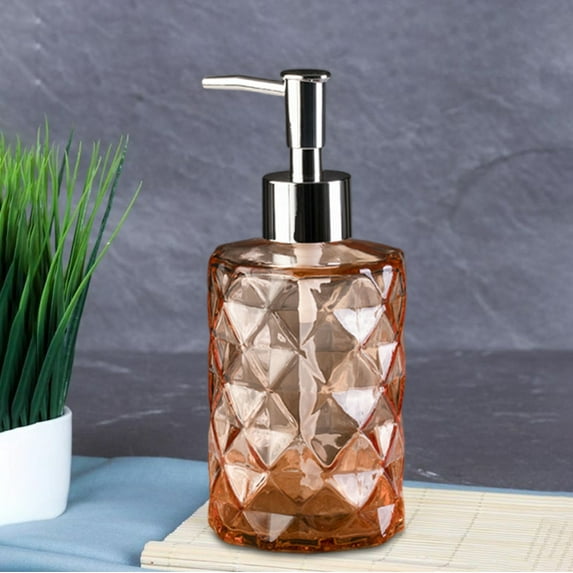 Glass Soap Dispenser Refillable, Luxury Press Type Liquid Soap Bottle for Bathroom Decor, Thick Glass Hand Wash Shower Gel Dispenser with Pump, Rhombus Textured Household Organizer, 12oz Capacity