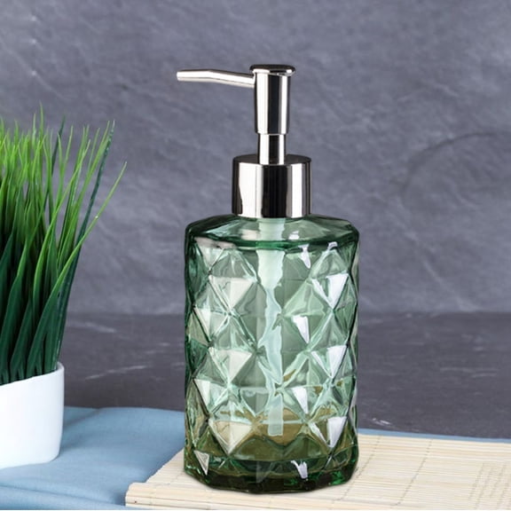 Glass Soap Dispenser Refillable, Luxury Press Type Liquid Soap Bottle for Bathroom Decor, Thick Glass Hand Wash Shower Gel Dispenser with Pump, Rhombus Textured Household Organizer, 12oz Capacity
