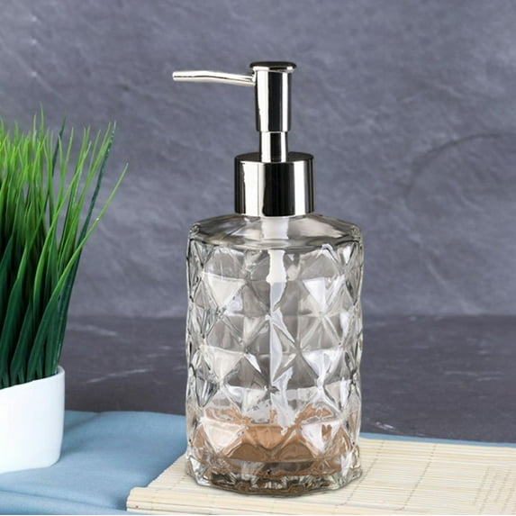 Glass Soap Dispenser Refillable, Luxury Press Type Liquid Soap Bottle for Bathroom Decor, Thick Glass Hand Wash Shower Gel Dispenser with Pump, Rhombus Textured Household Organizer, 12oz Capacity