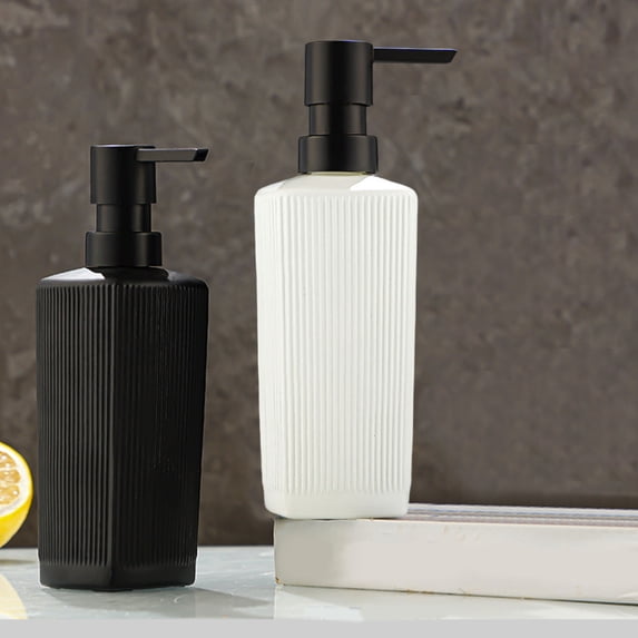 Glass Soap Dispenser, Refillable Pump Bottle for Bathroom and Kitchen, Elegant Black Liquid Container with Non-slip Striped Pattern, Topliu