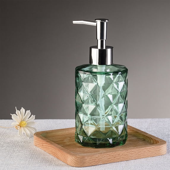 Glass Soap Dispenser - Refillable Rhombus Texture, Rust-free Pump, Countertop Organization, Modern Bathroom & Kitchen Decor, topliu