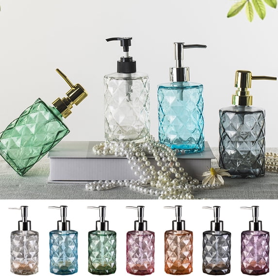 Glass Soap Dispenser, Rhombus Textured Refillable Pump Bottle for Bathroom or Kitchen, Liquid Hand Soap and Shampoo Container with Water-resistant Design, Topliu