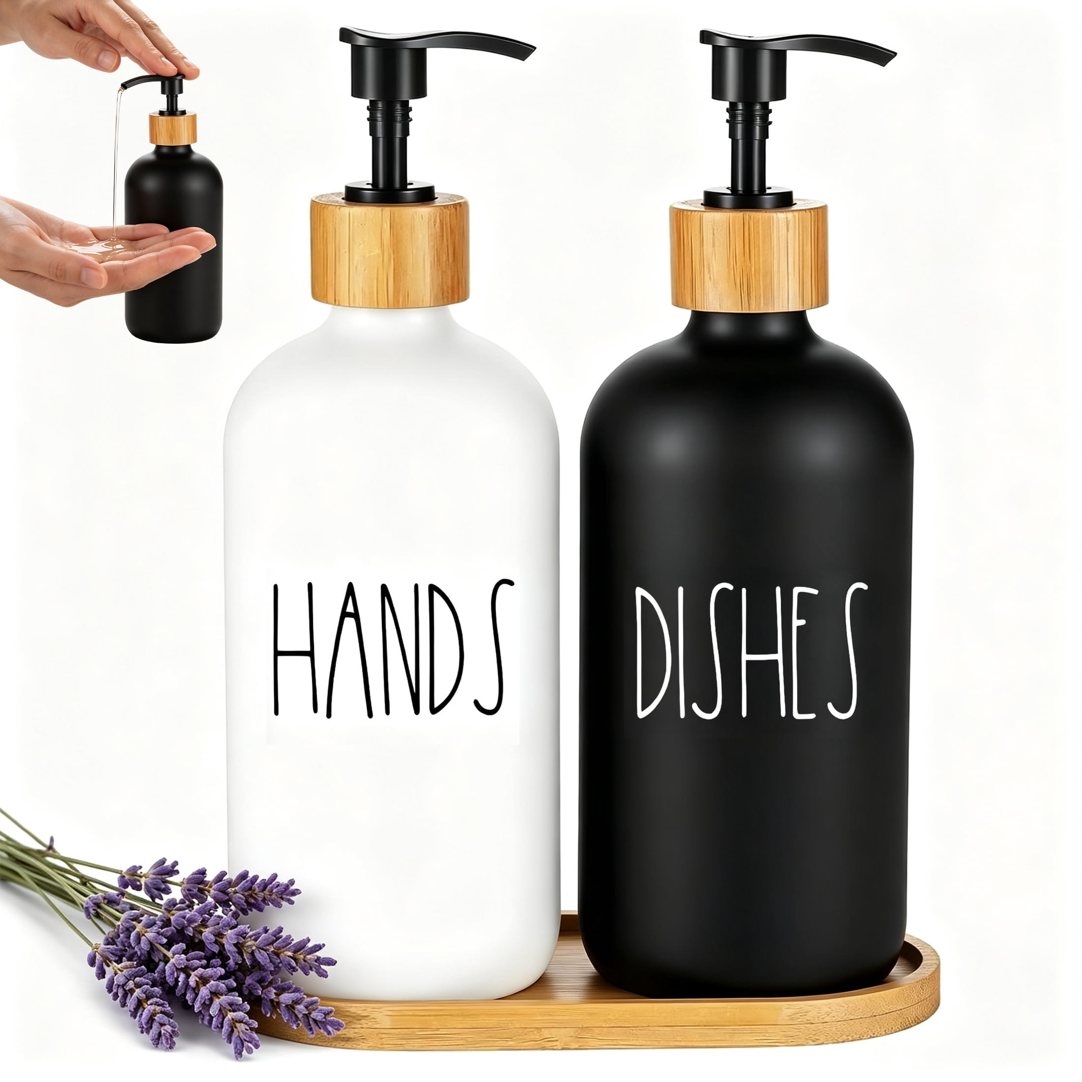 CISILOV Glass Soap Dispenser Set, Hand Soap & Dish Soap Bottles with Tray, Matte Black & White Frosted Glass Soap Bottles for Kitchen Sink Bathroom Countertop