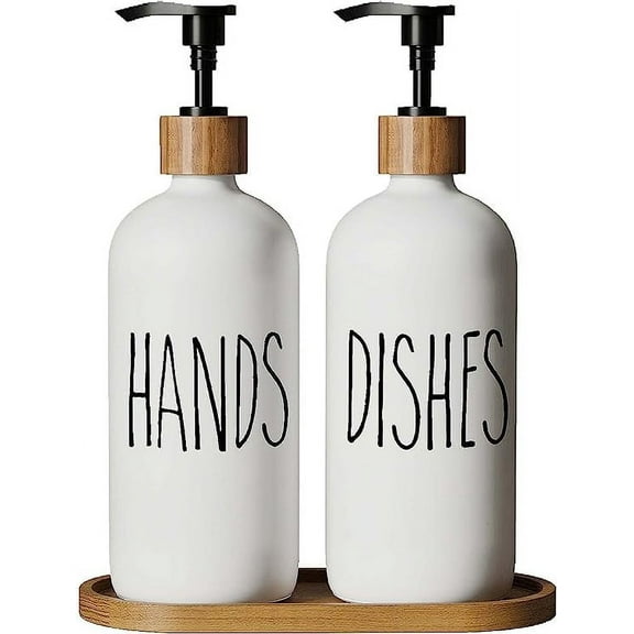 Glass Soap Dispenser Set, Modern Farmhouse Decor for Kitchen Sink & Bathroom, Refillable Dish Hand Soap Dispenser, White Set