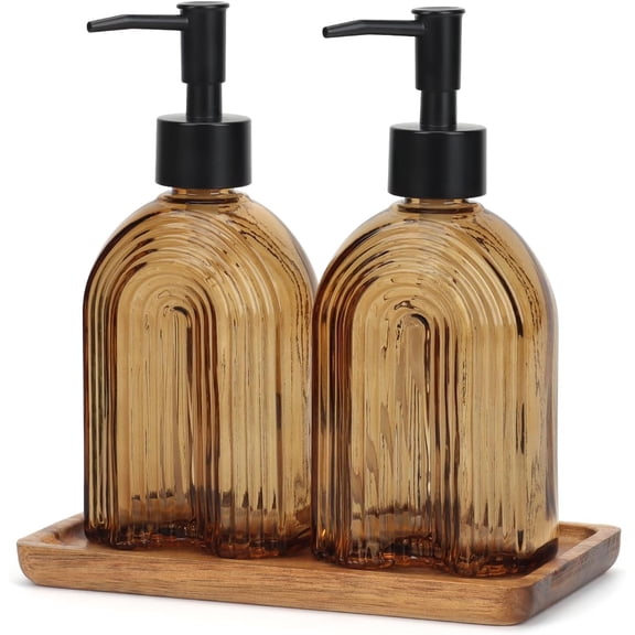 Glass Soap Dispenser Set with Wooden Tray, 11.6Oz Refillable Liquid Modern Soap Dispenser with Plastic Pump for Hand and Dish Set for Bathroom Countertop Decor (Amber)