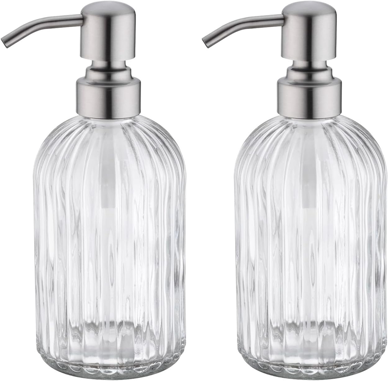 Glass Soap Dispensers for Kitchen and Bathroom, 16oz Heavey Glass Bottle, Stainless Steel Brushed Nickel Pump,Clear Farmhouse Bathroom Soap Dispenser,2 Packs