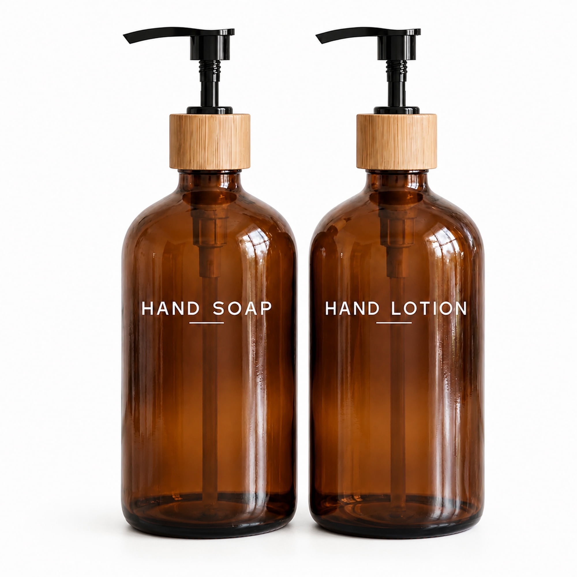 Glass Soap and Lotion Dispenser Set, 2 Pack Refillable Hand Soap and Dish Soap Bottles with Black Pumps, 16 oz Countertop Dispensers for Kitchen Sink, Bathroom Vanity, Amber and Clear