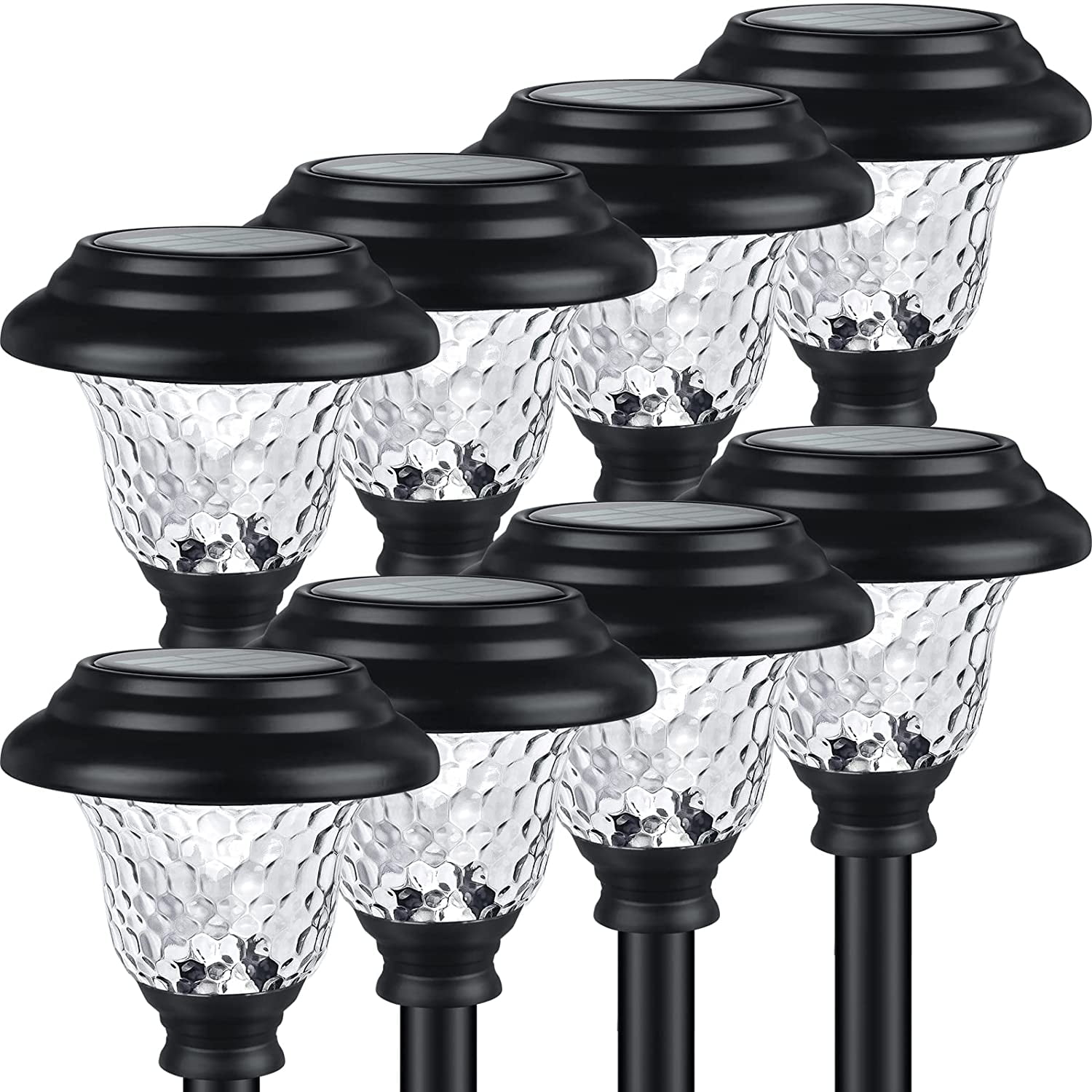 Black Stainless Steel and Glass LED Solar Pathway Lights, 8-Pack