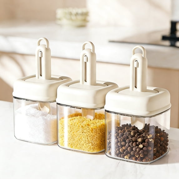 Glass Spice Jar with Telescoping Spoon and Airtight Lid for Kitchen Seasoning Storage