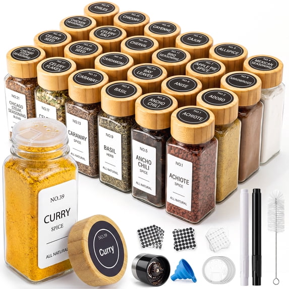 Spiece Containers Glass Spice Jars with 492 Labels, 24 pcs 4oz Bamboo Lids Glass Spice ...