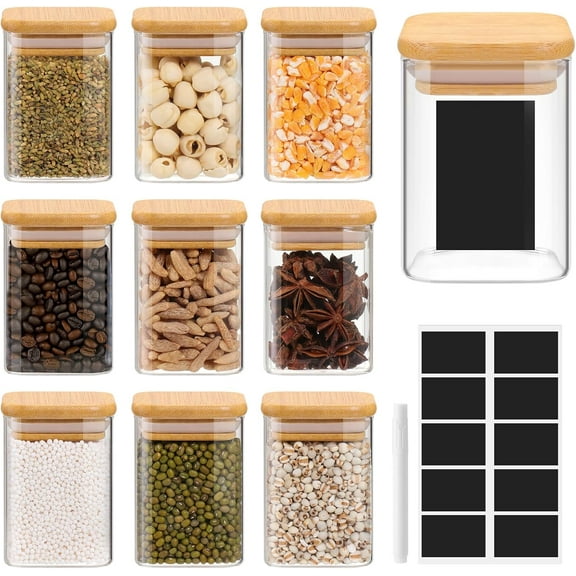 Glass Spice Jars with Bamboo Lids - 9 Oz Small Square Storage Jars with Airtight Lids Clear Pantry Food Storage Containers Glass Canister Set with Labels for Kitchen Coffee Sugar Flour(Set Of 10)