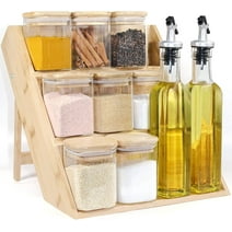 Glass Spice Jars with Bamboo Lids Urban Green, Spice Jars Set & Olive Oil Bottles with Bamboo Rack Stand, Square Sized Glass Spice Jar Set, Spice Jar Rack Organizer for Kitchen Countertop, Small...