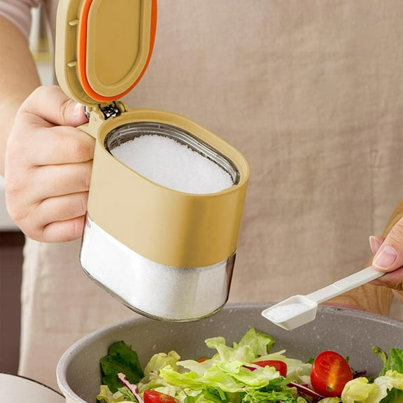 Glass Spice Jars with Flapper Lids, 380ml Mini Seasoning Containers, 13x10x7.2cm Clear Glass Bottles with Two Spoons & Sealed Caps for Salinity & Chili Powder, Dishwasher Safe & One-hand