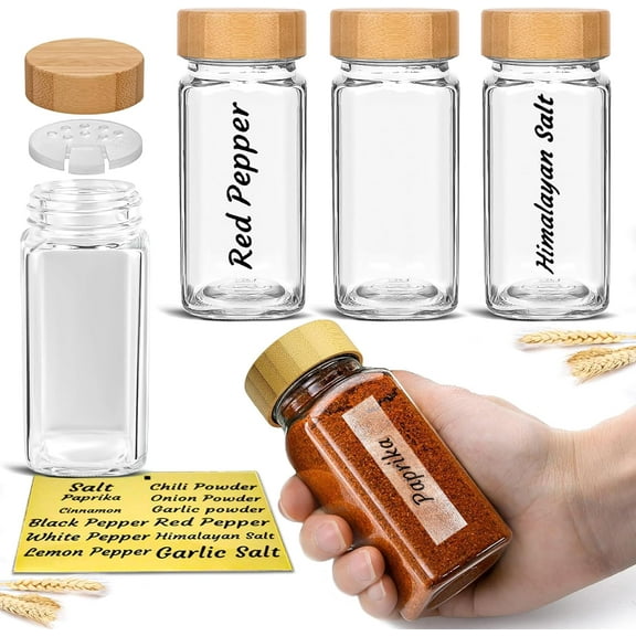 Glass Spice Jars with Bamboo Airtight Lids - (4 Pack) - 4 oz Square Spice Bottles with Shaker Lids