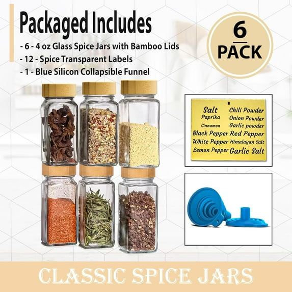 Glass Spice Jars with Bamboo Airtight Lids - (6 Pack) - 4 oz Square Spice Bottles with Shaker Lids