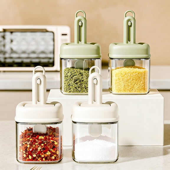 Glass Spice Storage Jar | Telescopic Spoon | Airtight Moisture-Proof Lid | Multi-Functional Kitchen Organizer | 13.8x7.3cm | 1 Pack | Clear White Green