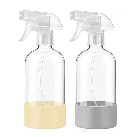 2 Pack 16 oz Glass Spray Bottles with Silicone Sleeve, Refillable Empty Containers with Adjustable Nozzle - for Hair, Cleaning Solutions, Plants And Essential Oils