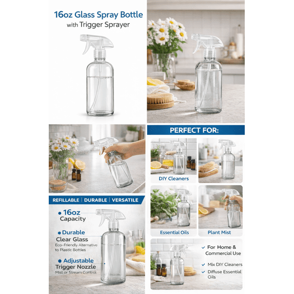 16oz Glass Spray Bottle with Trigger Sprayer - Refillable Cleaning Bottle for DIY Solutions, Essential Oils, Plants & Household Use (Clear)