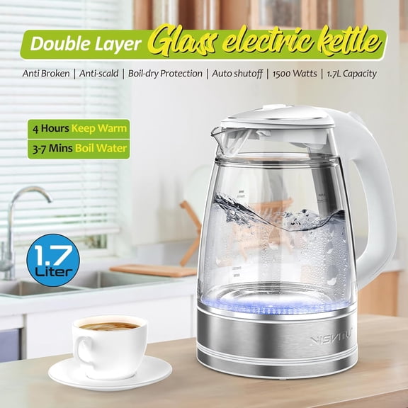 Glass & Stainless Steel Cordless Electric Kettle - 1.7L, White