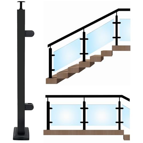 Glass Stair Railing Post System 33.46 inchs Stainless Steel 304 Stair Handrail Top Bracket Balusters with Glass Clamp & Rubbers,Black Metal Balustrade for Stairs,Terraces,Gardens(End Post)