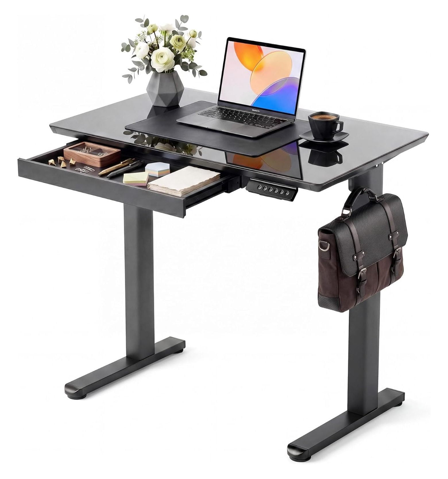 Glass Standing Desk with Drawers 32 x 19 Inch Black Ergonomic Sit Stand ...