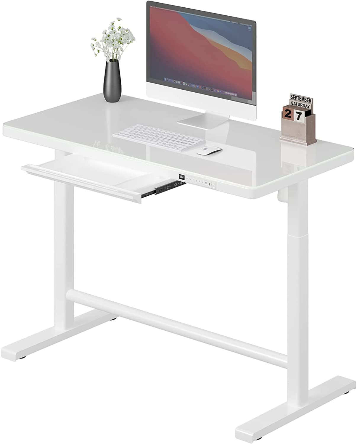 Glass Standing Desk With Drawer, Electric Height Adjustable Home Office Desk With Storage & Usb