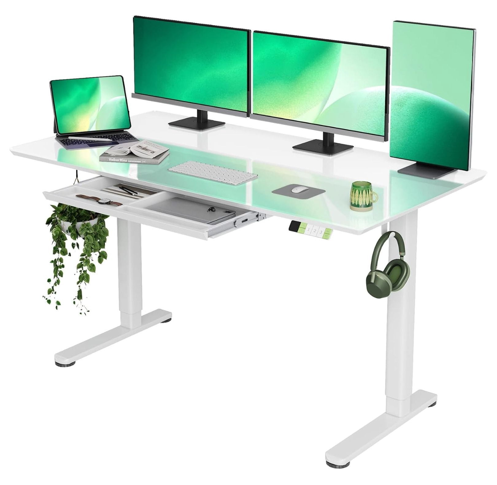 Glass Standing Desk with Drawers 55 x 27.6 Inch Super White Sit Stand ...