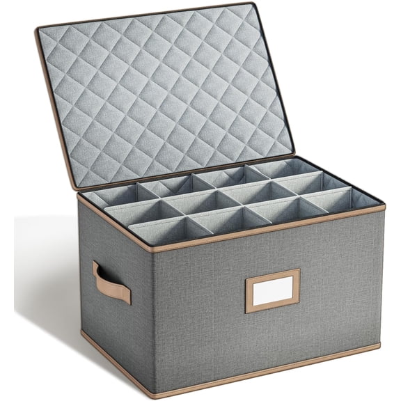 Glass Storage Box with Dividers, Quilted Hard Shell Organizer for Stemware and Glassware Sets,  for Storage and Moving Supplies, 1-, Grey