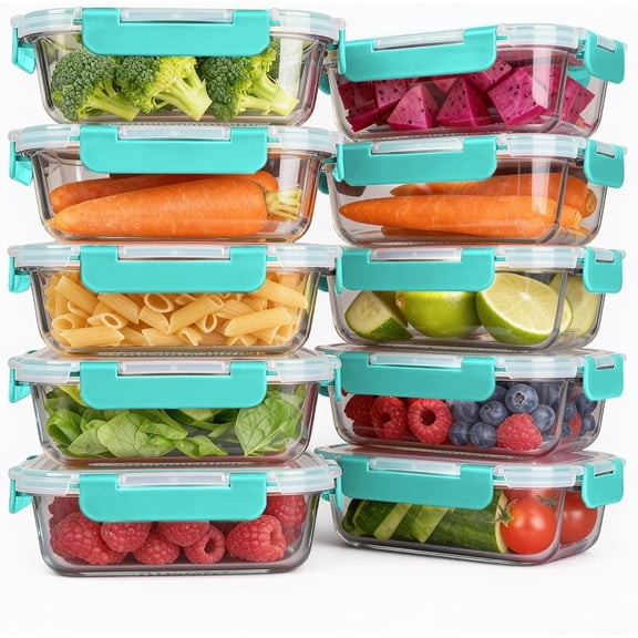 Glass  Storage Containers, 10 Pack Glass Meal Prep Containers, Airtight Containers with Snap-Lock , 22 oz Green Container Set with , for Microwave/Oven/Freezer/Dishwasher