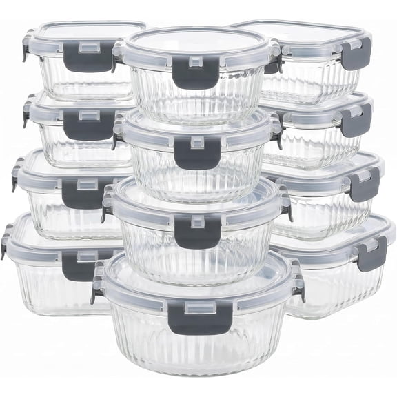 Glass Storage Containers with , 12 count Glass Meal Prep Containers Set, Airtight Leakproof Snap Lock , , Freezer Microwave Oven Dishwasher Safe, Ribbed Glass Containers