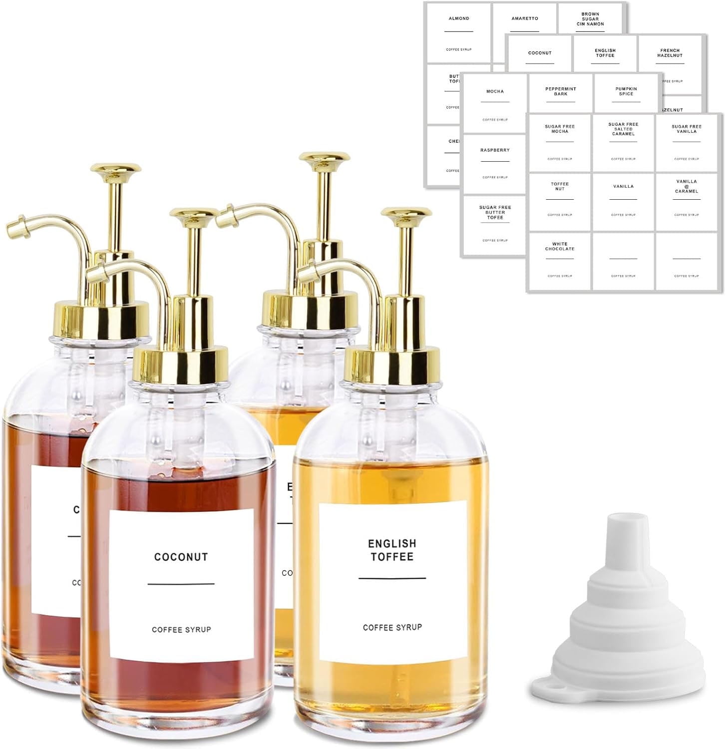Glass Coffee Syrup Dispenser, 16.9oz Glass Syrup Bottles Set of 4, Coffee Bar Accessories with Labels and Funnel&Pump for Kitchen Coffee Bar Accessories, Gold