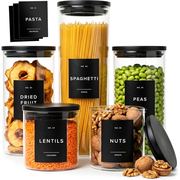 Glass Storage Containers with Black Lids [Extra Thick Glas] with 54 Labels - Canister For Pantry Noodles Flour Cereal Rice Sugar Tea Coffee Beans - Round Set of 5x