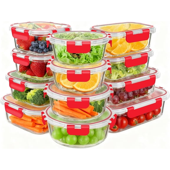Glass Storage Containers, Red Glass Meal Prep Containers, Airtight Containers with Snap-Lock , Set of 12, for Microwave/Oven/Freezer/Dishwasher