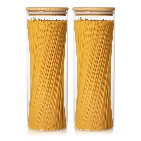 Glass Storage Containers Set of 2 71Oz Tall Spaghetti Jars with Bamboo Lids - Kitchen Food Canisters for Pasta
