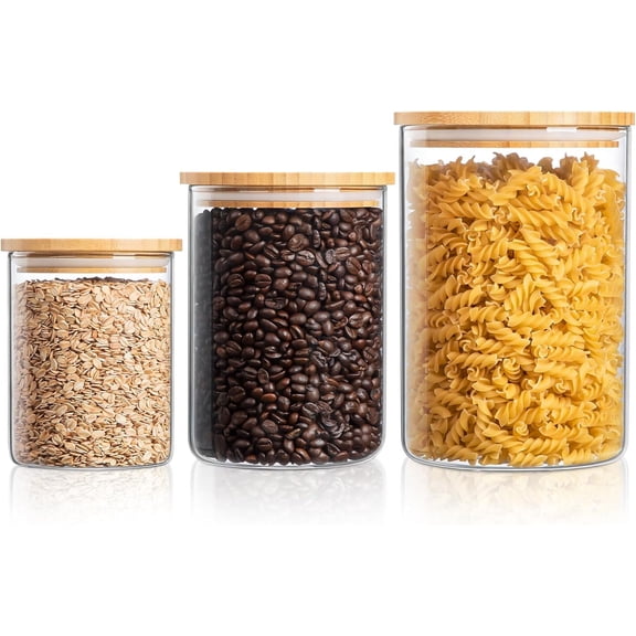 Glass Storage Containers with Wooden Lids, Airtight Canister for Kitchen Countertop Set of 3,Large Flour and Sugar Candy, Cookie, Rice, Coffee Beans, Snacks, Spices