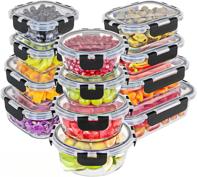 EATEX 48-Piece Glass Food Storage Container Set - 24 Containers & 24 Lids, Assorted Sizes, Airtight