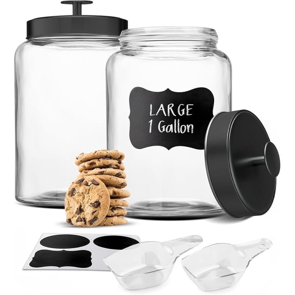 Glass Storage Containers with Lids, Glass Jar with Lid, 1 Gallon, Set of 2, Glass Canister, Storage, Laundry, Kitchen Jar, (Circular, Black)
