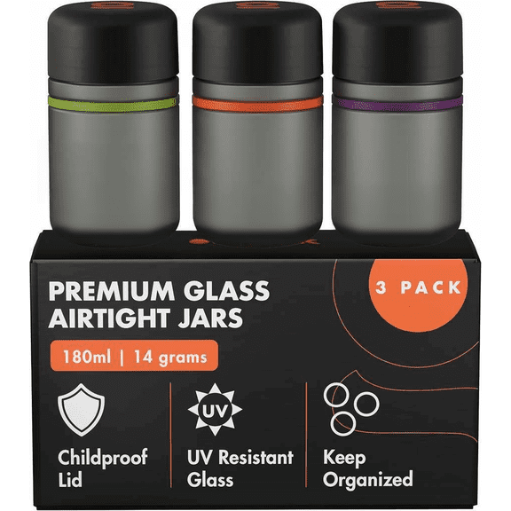 Glass Storage Jar 180ml 3 Pack UV Resistant Child Resistant Lid Color Coded