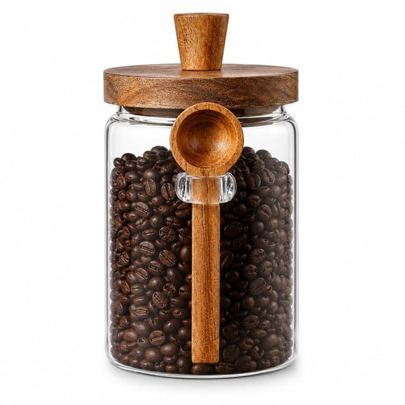 Glass Storage Jar Set with Spoons for Coffee, Tea and Sugar,900ml | Store coffee, tea, sugar, snacks, and dry foods in three clear glass jars with matching spoons for organized countertops.