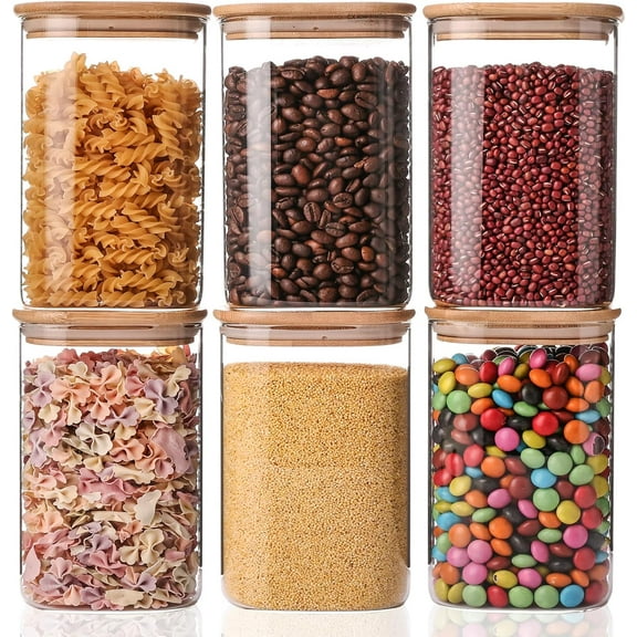 Glass Storage Jars 6 Pack 37oz Clear Glass Food Storage Containers with Airtight Bamboo Lid Stackable Kitchen Canisters for Candy,Cookie,Rice,Sugar,Flour,Pasta,Nuts and Spice Jars(Square)